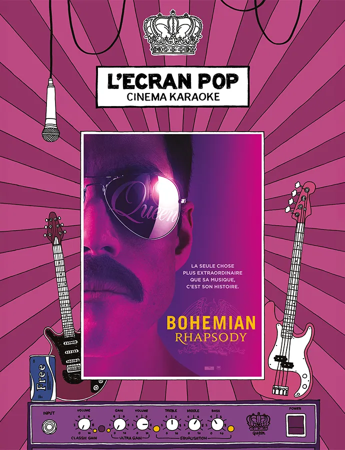 Affiche pour "Bohemian Rhapsody", Cinéma Karaoké à Paris, avec des guitares, un microphone et des commandes sur un fond violet.