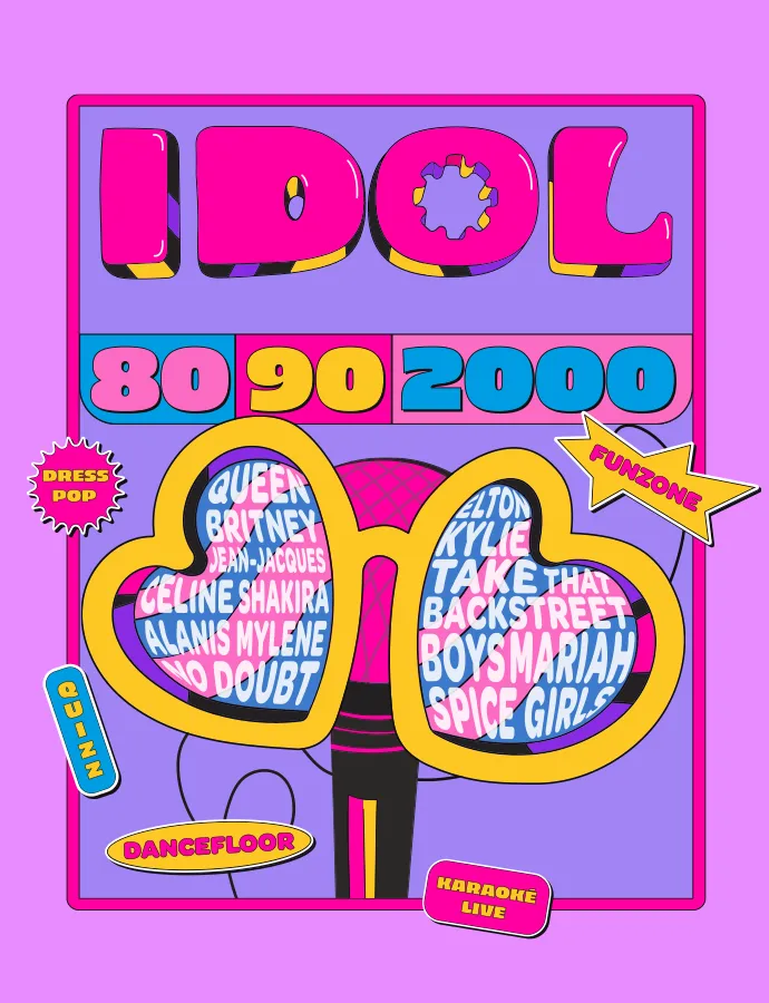 Affiche colorée avec "IDOL Paris", "80 90 2000", des lunettes en forme de cœur, des icônes pop et des étiquettes d'événements sur le thème des années 80.
