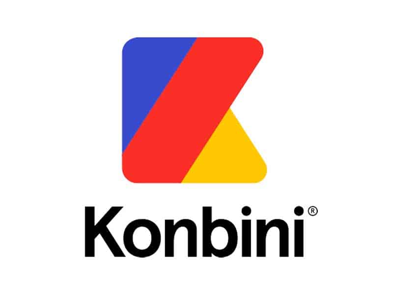 Logo de Konbini avec un "K" stylisé en bleu, rouge et jaune au-dessus du mot "Konbini" en texte noir sur fond blanc.